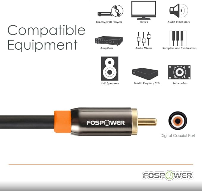 FosPower Digital Audio Coaxial Cable [24K Gold Plated Connectors] Premium S/PDIF RCA Male to RCA Male for Home Theater, HDTV, Subwoofer, Hi-Fi Systems - 6ft/2Pack