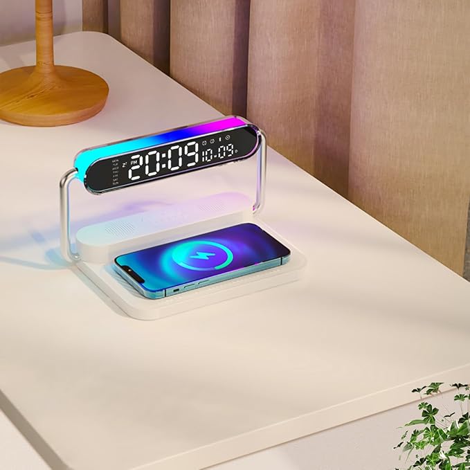 4-in-1 Multifunction Mobile Wireless Charger with Colorful Night Lights, Bluetooth Speaker, Digital Clock Alarm