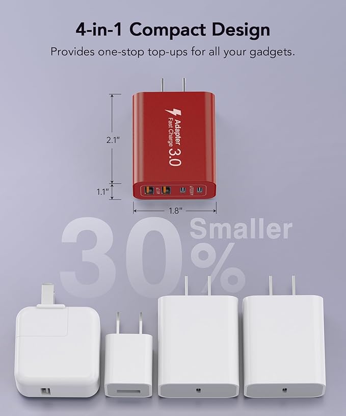 40W USB C Charger Block, 2-Pack 4-Port Type C Fast Charging Brick Dual PD&QC Wall Plug Adapter Power Brick for iPhone 13/14/15/16/17/Pro/Pro Max/Plus/iPad/Airpods/iwatch/Samsung Galaxy (Red)