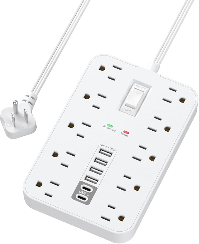 Flat Extension Cord with USB and USBC Ports, 5FT Extension Cord with 10 AC Outlet 6 USB, 1 Switch & 2 LED Indicator, USB Charging Station for Multiple Devices, for Home, Office, Dorm Essentials