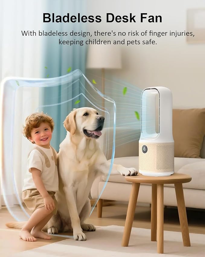 MEIIS Desk Fan, Small Quiet Bladeless Fan with 9 Speed Adjustment & 3 Light Modes, 14 Inch USB Rechargeable with 5000mAh Battery, 60° Oscillating Cooling Fans for Office, Living Room, Bedroom White