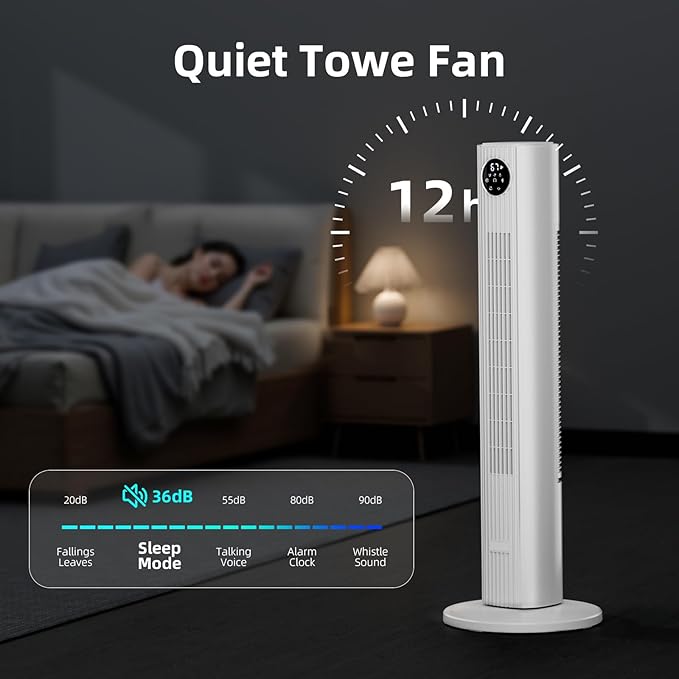 Antarctic Star Tower Fan Portable Floor Fans 85°Oscillating Fan Quiet Cooling 12H Timer Remote Control Standing Bladeless Electric 3 Wind Speeds 4 Modes Bedroom Office,36 inch, White