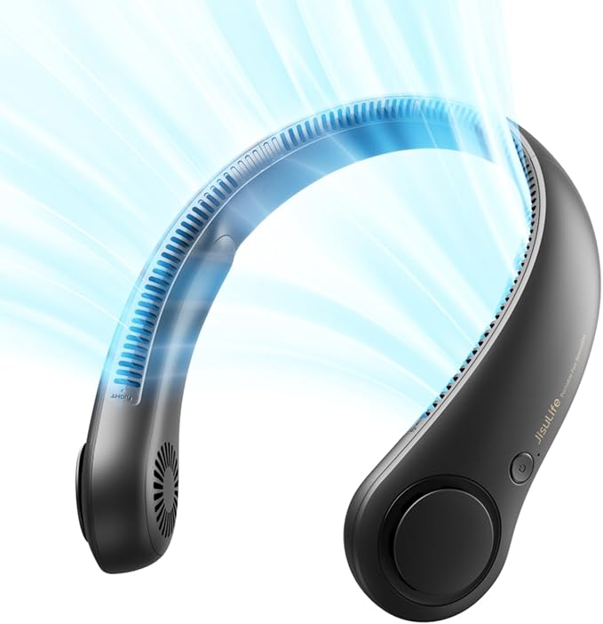 JISULIFE Portable Neck Fan, Hands-Free Bladeless, 5 Speeds, 4000 mAh Battery Operated Wearable Personal Fan, Twistable, Rechargeable, Gift for Women Men-Black