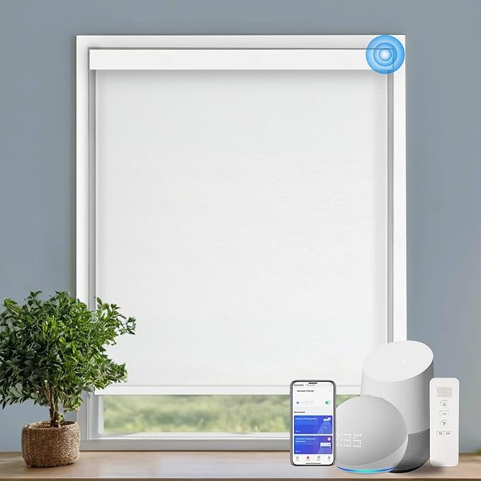 COOLWINDS Motorized Blinds with Remote Cordless Automatic Motorized Shades Custom Blinds for Indoor Windows Smart Curtains with Alexa Google Home(Light Filtering Jacquard White,W57 x H72in)