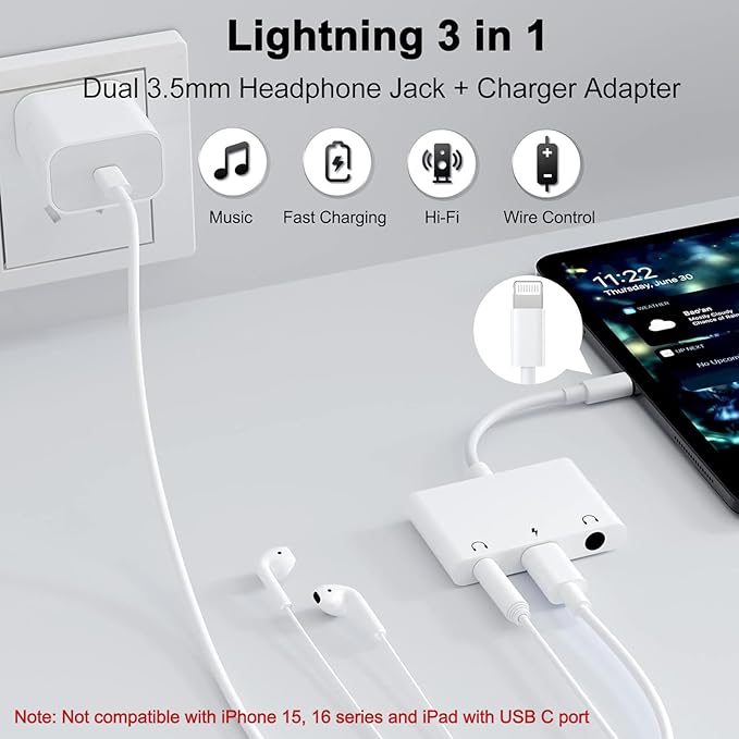 Unitrox 3 in 1 Dual 3.5mm Headphone Jack Adapter - Earphone Jack Audio and Charging Adapter - Headphone Splitter for iPhone 14/13/ 12/11/ X/ 8 - White