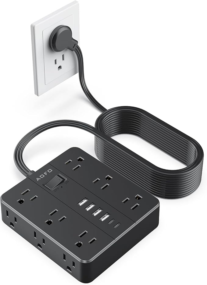 AOFO 20FT Surge Protector Power Strip,12 AC Outlets with 6 USB Ports (2 USB-C), Flat Plug Extension Cord with Multiple Outlets, Wall Mount for Home Office,Dorm,Black