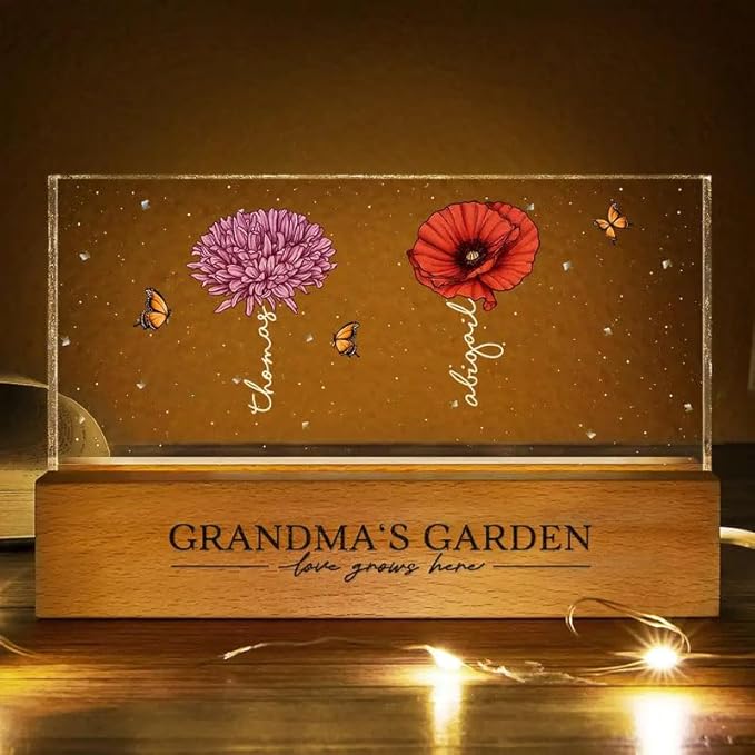 Peties.com Personalized Rectangle LED Light - Birthday Keepsake, Family Home Décor, Meaningful Gift for Grandma, Mother’s Day or Christmas Gift - Grandma's Garden Birth Month Flowers
