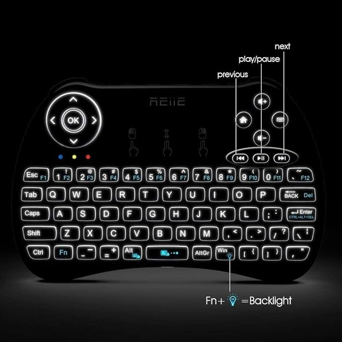 (Backlit Version)REIIE H9+ Mini Keyboard,2.4GHz Wireless Mini Handheld Smart TV Remote Keyboard with Touchpad for PC,Raspberry Pi 2, Pad, Smart TV, Android TV Box, Windows 7 8 10（Not Suport Bluetooth）