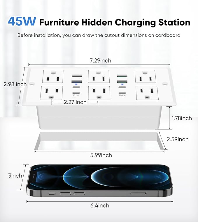 Recessed Power Strip with 45W USB C, Furniture Desk Flush Mount Outlet, Ultra Thin Flat Plug Power Strip, 6 Outlets & 8 USB Ports, 3FT Cord (White)