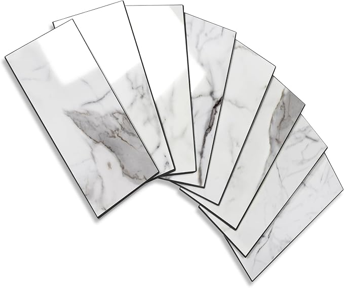 Vamos Tile Peel and Stick Backsplash Tile, 3''x6'' PVC Subway Tile, Stick on Backsplash for Kitchen/Bathroom/Fireplace,4-Piece Glossy Statury White with Dark Gray Grout