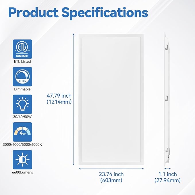 CycevSun 18-Pack 2x4 LED Flat Panel Light - Drop Ceiling, 40/50/60W Selectable, 6600LM, 4CCT 3000K/4000K/5000K/6000K Switchable, 0-10V Dimmable, 100-277V, ETL Listed