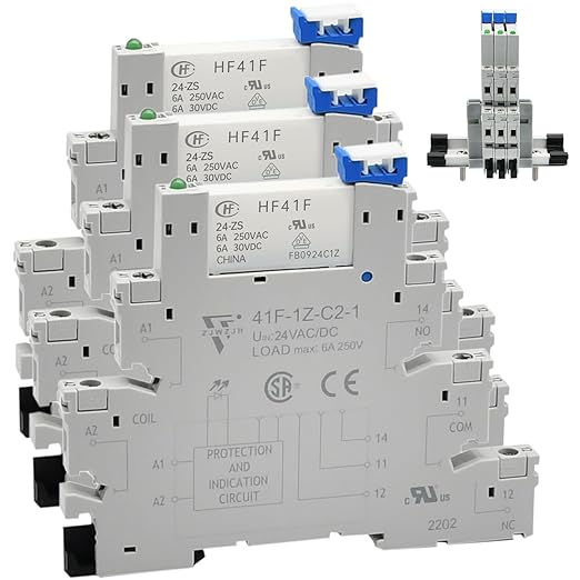 2Pcs Miniature Power Relay DC 24V HF41F/24-ZS 5 Pin 1NO 1NC 6A SPDT with LED Indicator with Socket Base 41F-1Z-C5 with DIN Rail UL Certification
