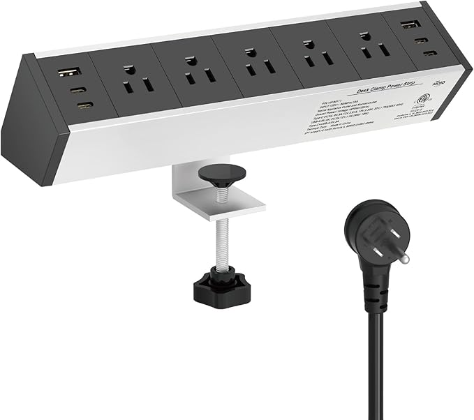 Tecmojo Desk Clamp Power Strip 5 Outlet with 2 USB A and 4 USB C Ports, 6 ft Cord, Desk Outlet Station Fit 1.6" Tabletop Edge,Over Loading Protection,ETL Listed,Black