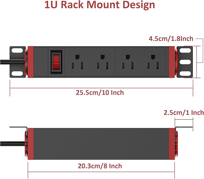 10 Inch Rack PDU Power Strip,1U RackMount Surge Protector Power Strip with15A Overload Switch, 360° Rotatable Mounting, for 10'' Mini Server Network Cabinets/Rack/Self, 6ft Cable