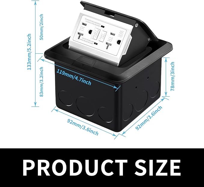 Vagueior Recessed Floor Electrical Outlet Kit,Waterproof Electrical Outlet Covcer Box,Hidden GFCI Outlet+20A Tamper-Resistant Receptacle Outlet with Slow Elastic Damping，ETL Certified，Black(1 Pack)