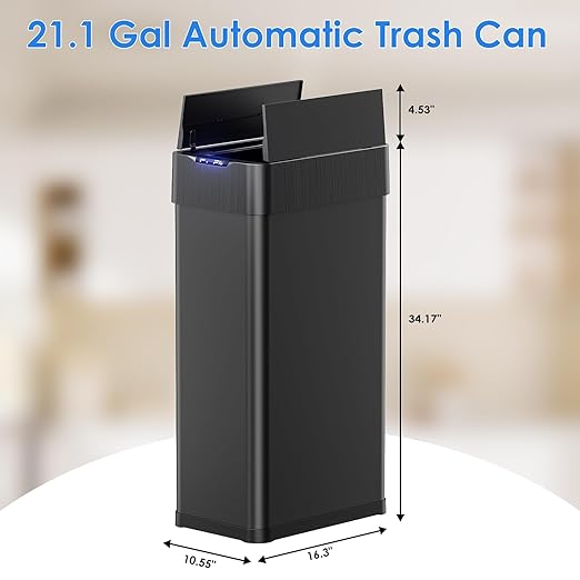TLSUNNY 21.1 Gallon Automatic Trash Can, Stainless Steel Motion Sensor Garbage bin, Smart Trash Can W/Butterfly Lid, Bag Retainer Ring and Display Light for Living Room,Kitchen,Office (Black, 80L)