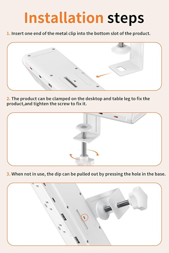 6.5 FT Desk Clamp Power Strip with 5 AC Outlets & 6 USB Ports PD 40W USB-C Fast Charging, 1250J Surge Protector, Fits 2.1 in top Edge White