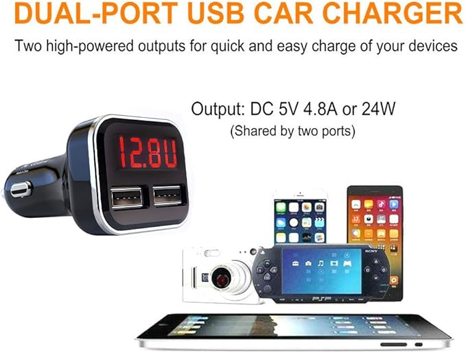Aliavation Cigarette Lighter USB Charger with Voltage Display, 24W Dual Port Car Charger, Battery Monitor 12 Volt to Adapter Volt Meter for IP 16/15/14/13/12/11/X/8, Sam Sung, Google, Galaxy & More
