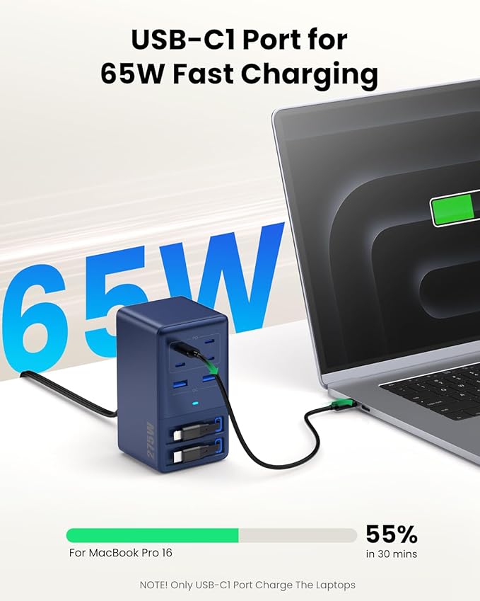 USB C Charger 275W Charging Station with Retractable Dual Cables,Upgraded 8-in-1 GaN IV Fast Charging Hub Block+PD QC PPS 65W Laptop Adapter for MacBook Pro/Air,iPad,iPhone 17/Pro,Galaxy S24,Dell-Navy