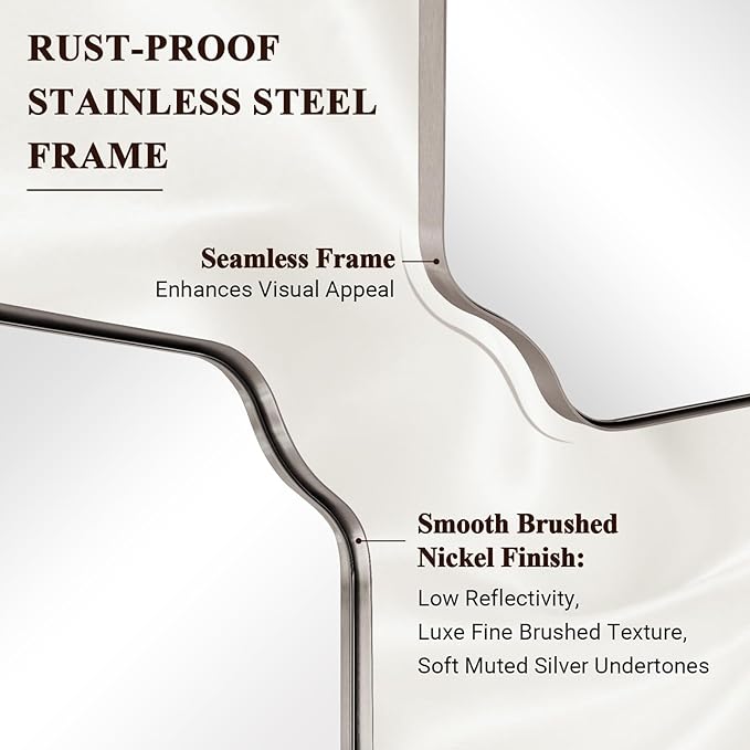 ANDY STAR 24x40 Inch Rectangle Bathroom Mirror, Brushed Nickel Scalloped Bathroom Mirror, Silver Bathroom Vanity Mirror, Unique Mirror in Rust-Proof Stainless Steel Frame (Horizontal/Vertical)