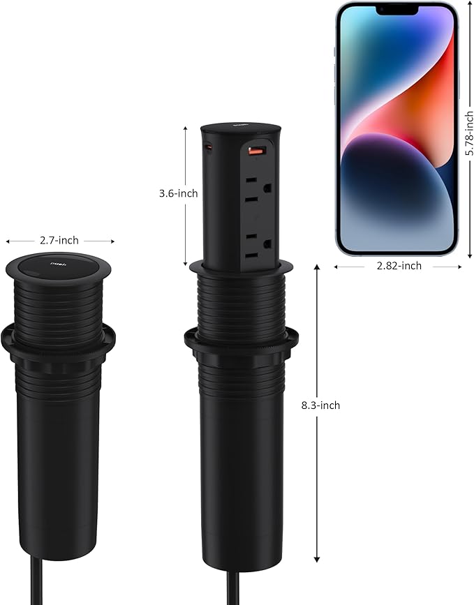 Jgstkcity Pop Up Power Outlet for Countertops & Desks,2.5-Inch Hole Flush, Mount, 20W USB-C, 4 USB Ports, 4 Tamper-Resistant 15A Outlets - Space-Saving Recessed Design,1875W,ETL Listed