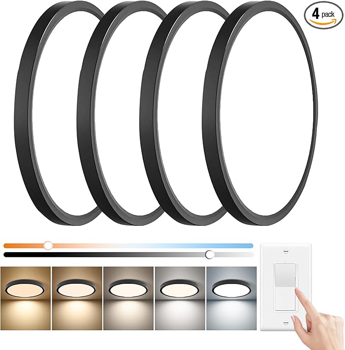 15.8 Inch Dimmable LED Flush Mount Ceiling Light, 32W, 3480LM, 3000K/3700K/4000K/5000K/6000K, Round Flat Panel Low Profile Ceiling Light Fitures for Hallway, Kitchen, Bedroom, 4PK Black