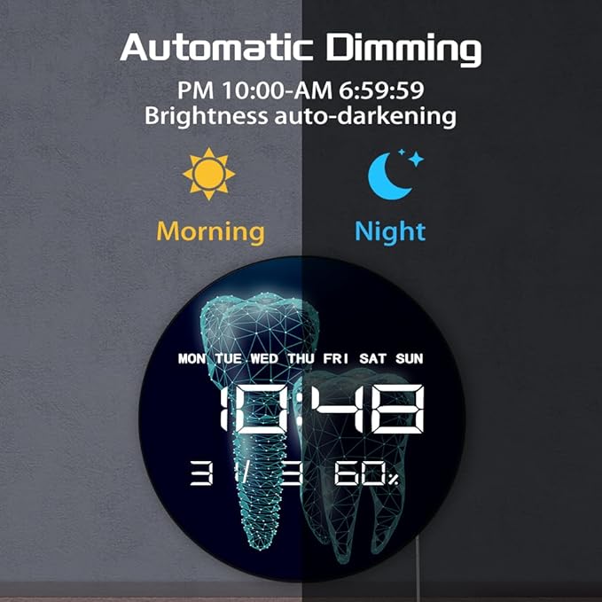 Timethink 12'' Molar Tooth Digital Wall Clock Large Display, Dental Clinic Electric Wall Clock Medical Dentist Clock with Temperature, Automatic Dimming, Date, 12/24hr Format for Dental Office Decor
