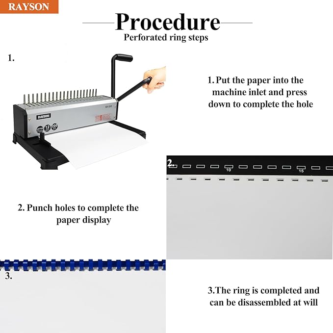 RAYSON SD1202 Comb Binding Machine, 19 Holes, Max Punching Letter Size, with Comb Set Binder for Daily Binding