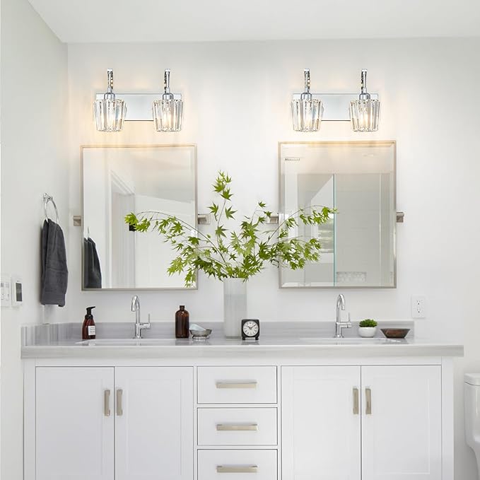 FDPBY Modern Bathroom Vanity Light, 2-Light Chrome Wall Sconce with Crystal Accents, Over Mirror Bathroom Lighting Fixture, 13.77" Long Dimmable Vanity Lamp for Makeup, Easy Installation