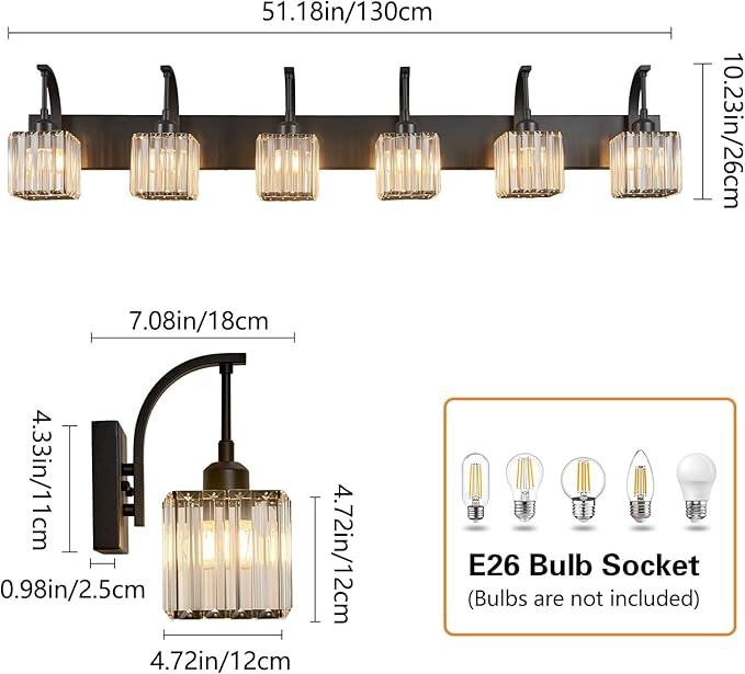 FDPBY Crystal Vanity Lights 6-Light Black Bathroom Vanity Lights Modern Crystal Bathroom Light Fixtures Over Mirror 51.18" Long Vanity Light for Bathroom