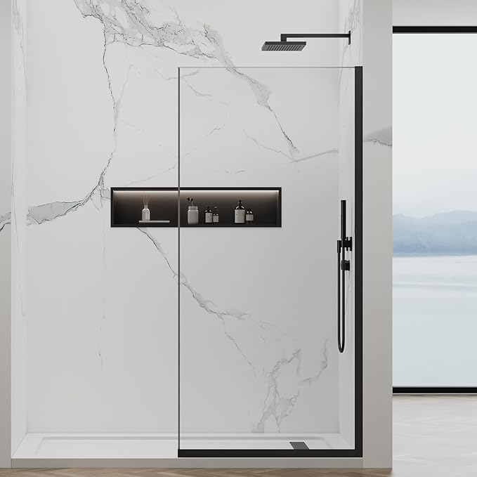 35"x74" Semi-Framed Shower Screen, Single Fixed Shower Glass Panel for Bathroom, 3/8" Tempered Glass with Dual-Sided Nano Coating, Reversible Install, Matte Black