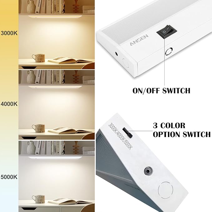 Ansen 4Packs of Under Cabinet Lighting Hardwired, 18IN 15W 998LM, Dimmable Led Light for Kitchen/Bar/Closet, CRI>92, R9>90, 3 Color Temperature, 3000K/4000K/5000K(Warm White, Cool White, Daylight)