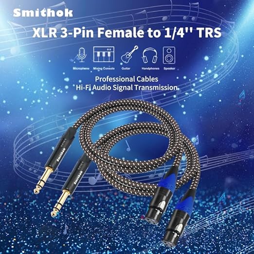 Smithok 2Pack 1/4" to XLR Cable,Heavy Duty Nylon Braided,Gold Plated Plug,Balanced 1/4" TRS (Quarter Inch 6.35mm) to 3pin XLR Female Patch Cable, Microphone Cable, for Speaker,Mixer-6.6ft