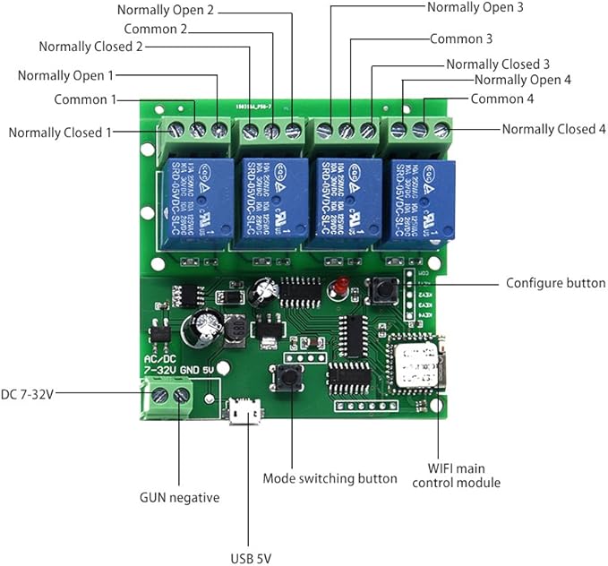 WiFi Relay Switch Module Phone Remote Timer Control for Wireless Android iOS (5-32V 4-Channel)