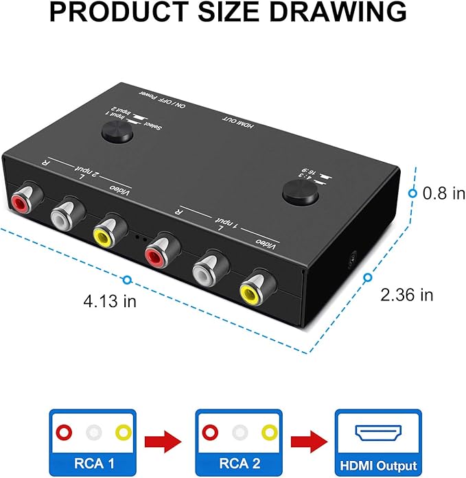 Azduou 2 AV to HDMI, 1080P/720P TV 2 Way RCA Composite CVBS AV Switch to HDMI Video Audio Converter Adapter Support 4:3/16:9 Switching, for Sega Xbox PS2 PS3 N64 NGC SNES WII VHS VCR Camera DVD