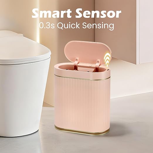 Bathroom Sensor Trash Can with Lid Automatic 2 Gallon Motion Sensor Garbage Bin, 7.5 Liter Slim Waterproof Plastic Wastebasket, Bathroom Decor for Bedroom, Office, Living Room, Pink