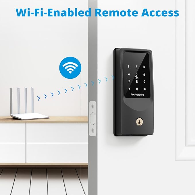 AkaGear WiFi Smart Lock Keyless Entry Door Lock with 8xAA Batteries, App Remote Control, Touchpad Keypad Deadbolt for Front Door, Auto Lock, Keys, Fob Card, PIN Code Unlock, 8-Month Battery, T02 Mini
