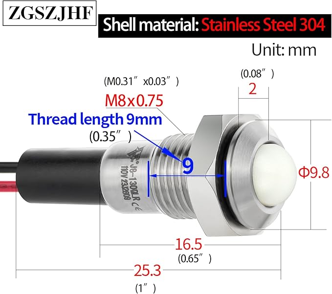 ZGSZJHF UL Listed Mini Indicator Light 8mm 0.31" Waterproof IP67 110V-120V Domed Sphere High Head Metal 304-Stainless Steel LED Lamp Pilot Light with 140mm Wire
