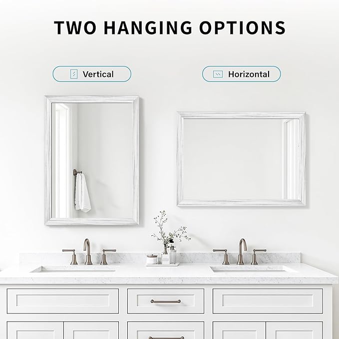 White Wood Effect Framed Wall Mirror, 24x36 Rectangle Mirror, Anti-desilvering Tempered Glass, Sustainable& Sturdy Frame, Anti-Rust, HD Reflection &3min Fast Setup for Bathroom Living Room