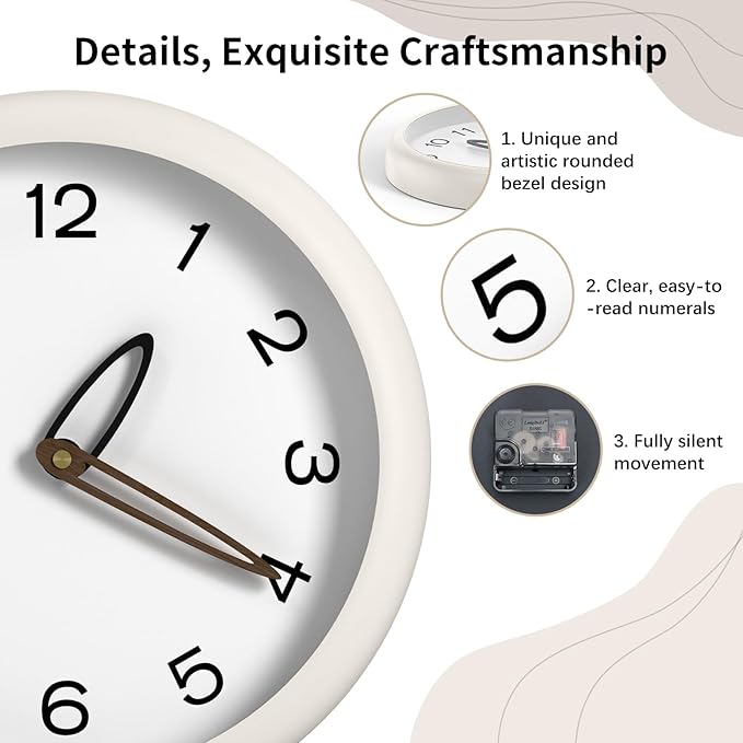 lanktoo Modern Wall Clock,Battery Operated,Tempered Glass,12" Silent Clocks for Living Room,Bedroom,Kitchen,Bathroom - Stylish Home Decor Gift (Off White)