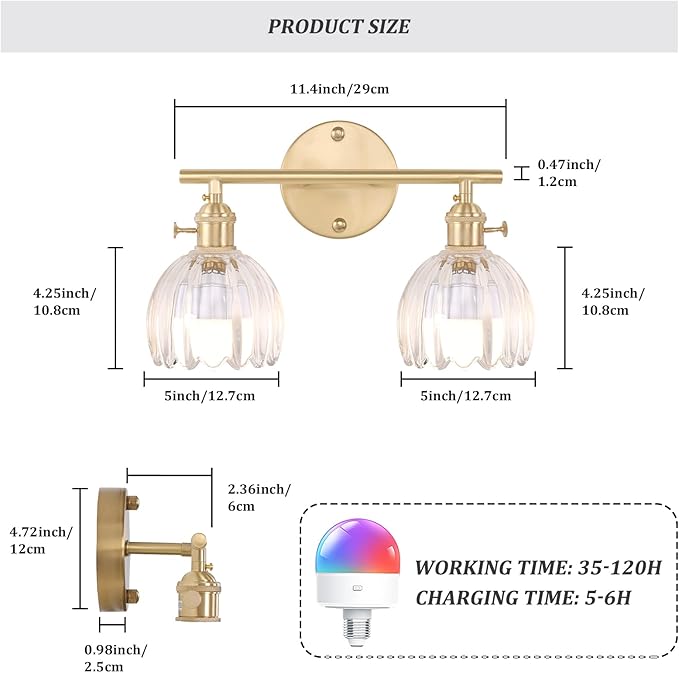 Shenmoyl Battery Operated Bathroom Light Fixtures, 2-Light Brass Vanity Wall Light with 5000mAh Rechargeable Bulb Over Mirror with Clear Tulip Glass Shade for Bedroom Living Room