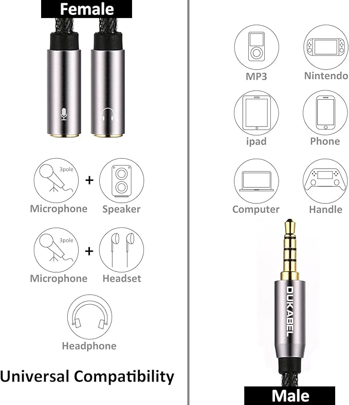 DUKABEL Long Headsets Splitter Adapter (4ft/1.2m) 3-Pole TRS Micprhone & Audio Female to Single 4-Pole TRRS Male Jack Stereo Audio/Crystal-Nylon Braided / 24K Gold Plated / 99.99% 4N OFC