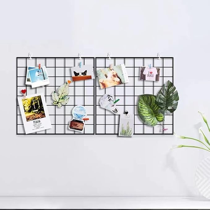 Feadily 4 Pack Metal Grid Wall Board Including 1 Hook Rack, Photos & Pictures Display Board,Photo Wall, Picture Board, DIY Home & Office Wall Decor 13.8 Inch × 13.8 Inch (Black)