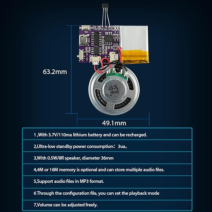 Voice Module,MP3 Music Sound Chips, 16MB Sound Module for Crafts, Christmas, New Year Greeting Cards, Box with Speaker Lithium Battery Powered and USB Cable. (JR-JX7004-Magnet-2P)