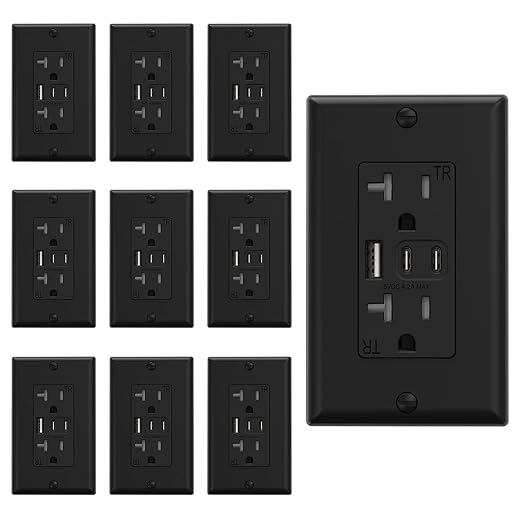 ELEGRP USB Outlets, 20 Amp Wall Outlet with 3 USB Ports, Dual USB C Ports Outlets, TR Tamper-Resistant USB Outlets Receptacles, Wall Plate Included, UL/CUL Listed, 10 Pack, Black