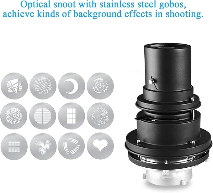 Alluneitter Bowens Mount Snoot,Strobe Video Snoot Conical Projector snoot with Optical Lens kit Include Various Gobos Used for Video Artist Modelling Shape Light Studio Photography Projection