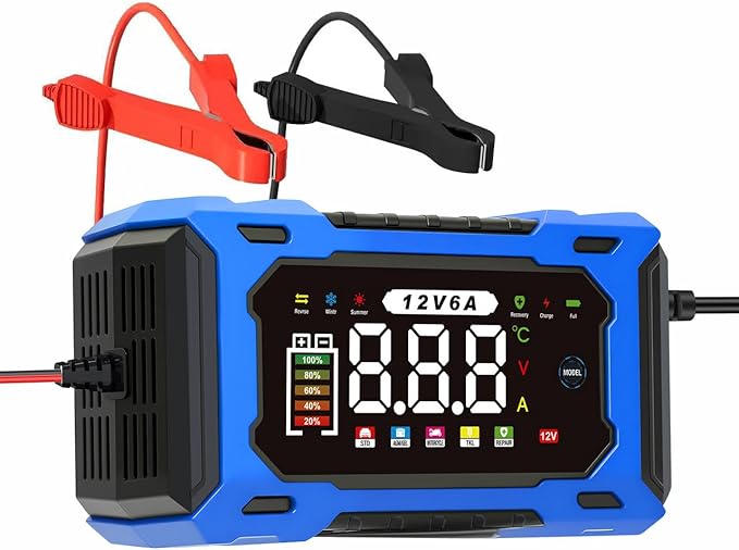 6-Amp 12V Smart Car Battery Charger, Battery Maintainer Trickle Charger with Desulfator, Pulse Repair & Overcharge Protection - for Car Lawn Mower Marine Lead-Acid Batteries (Blue)