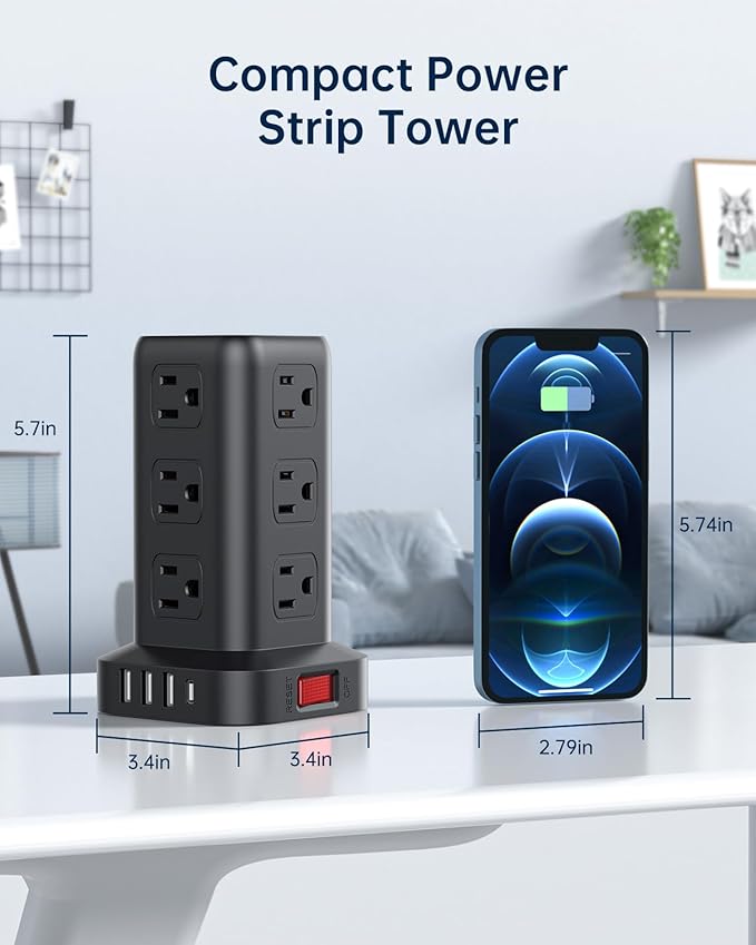 AnnTane Surge Protector Power Strip 10 FT Cord, Power Strip Tower with 4 USB Ports (1USB C), Extension Cord with 12 AC Multiple Outlets, Home Office Supplies Desk Accessories, Dorm Room Essentials