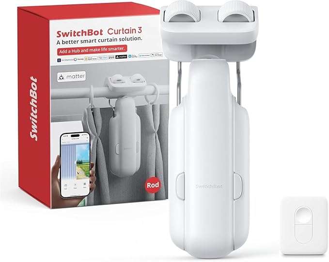 SwitchBot 2025 Automatic Curtain Opener 3 Rod- with Remote, WiFi&Smartphone Control, Upgraded High-Performance, Add Hub to Compatible with Alexa, Google Home, HomeKit (2025 Curtain Opener)