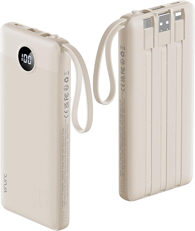 VRURC Portable Charger Power Bank,10000mAh Travel Essentials Battery Pack, 5 Outputs 2 Inputs Slim USB C Charging Bank Built-in Cables Cords for iPhone 17 16 15 13,Samsung,Android-Light Coffee(1 Pack)